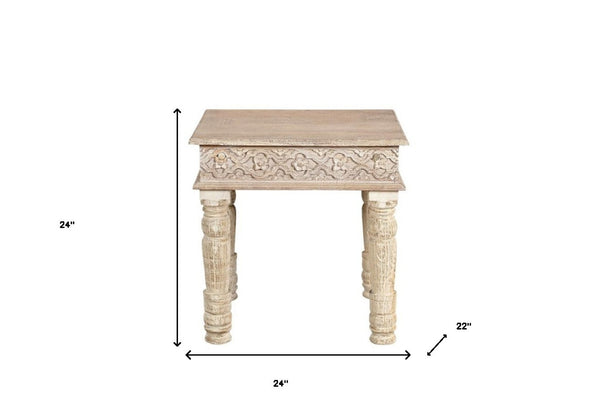 HomeRoots 24" Rustic Solid Wood Square End Table - Distressed Mango Wood for Farmhouse or Modern Décor 521958