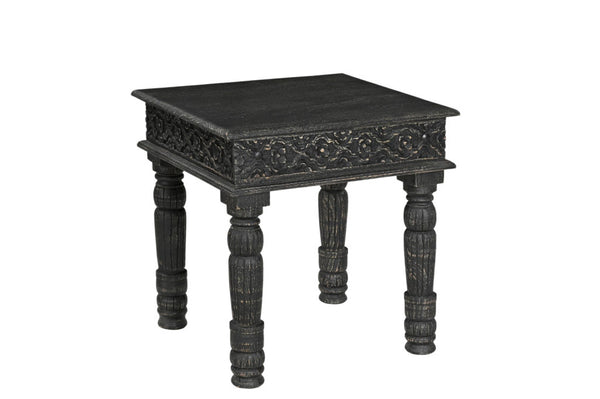 HomeRoots 24" Black Distressed Solid Wood End Table - Rustic Charm with Intricate Carvings for Versatile Use 521959