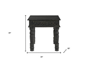 HomeRoots 24" Black Distressed Solid Wood End Table - Rustic Charm with Intricate Carvings for Versatile Use 521959