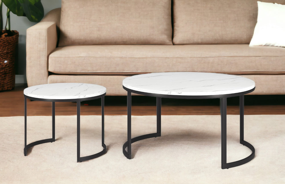 Homeroots Set Of Two 36" White And Black Faux Marble And Steel Round Nested Coffee Tables   521976