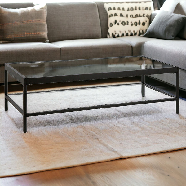 Homeroots 54" Clear And Black Glass And Steel Coffee Table With Shelf   521977