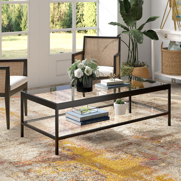 Homeroots 54" Clear And Black Glass And Steel Coffee Table With Shelf   521977