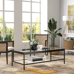 Homeroots 54" Clear And Black Glass And Steel Coffee Table With Shelf   521977