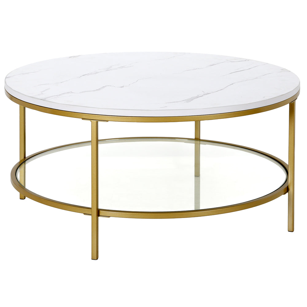 Homeroots 36" Gold Faux Marble And Steel Round Coffee Table With Shelf   521983