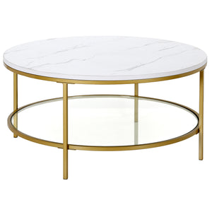 Homeroots 36" Gold Faux Marble And Steel Round Coffee Table With Shelf   521983