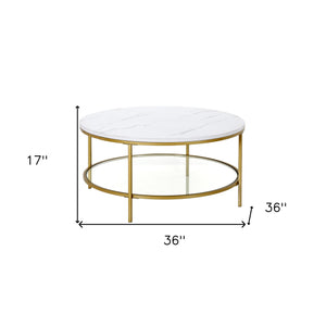 Homeroots 36" Gold Faux Marble And Steel Round Coffee Table With Shelf   521983