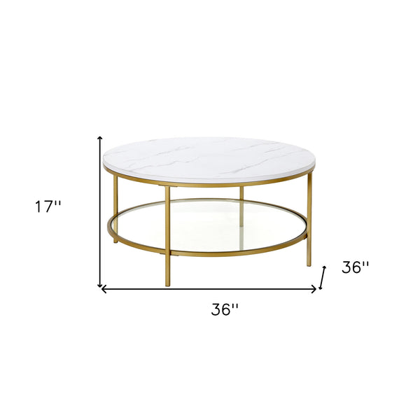 Homeroots 36" Gold Faux Marble And Steel Round Coffee Table With Shelf   521983