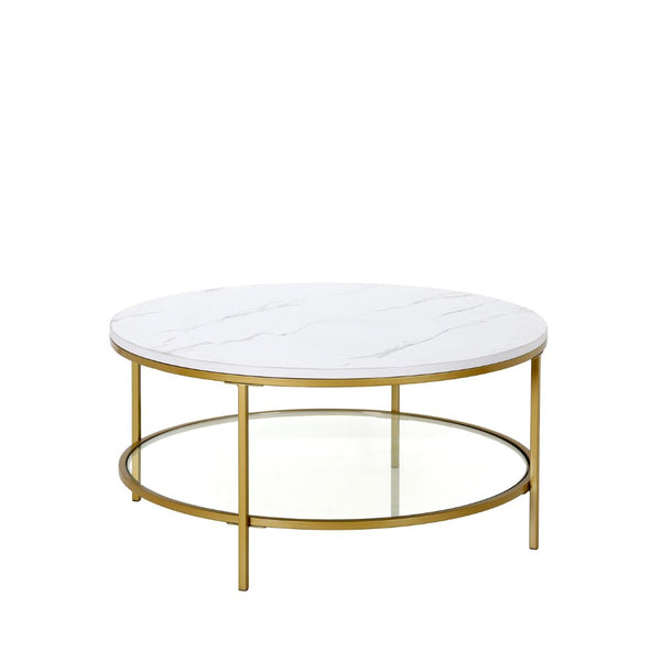 Homeroots 36" Gold Faux Marble And Steel Round Coffee Table With Shelf   521983