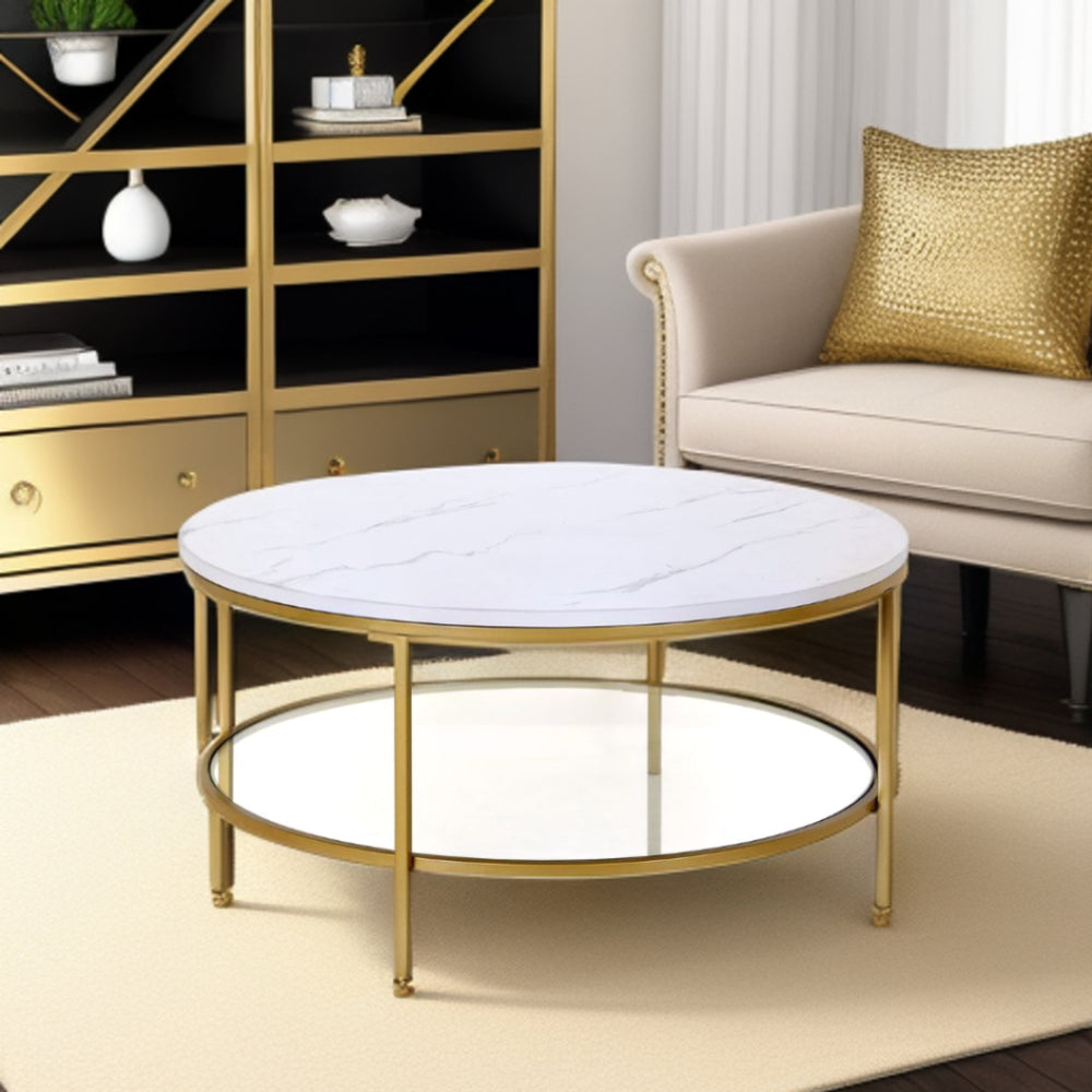 Homeroots 36" Gold Faux Marble And Steel Round Coffee Table With Shelf   521983