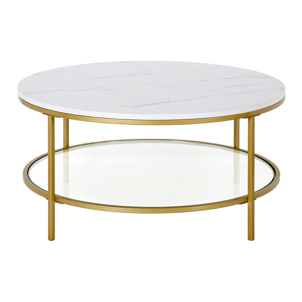 Homeroots 36" Gold Faux Marble And Steel Round Coffee Table With Shelf   521983