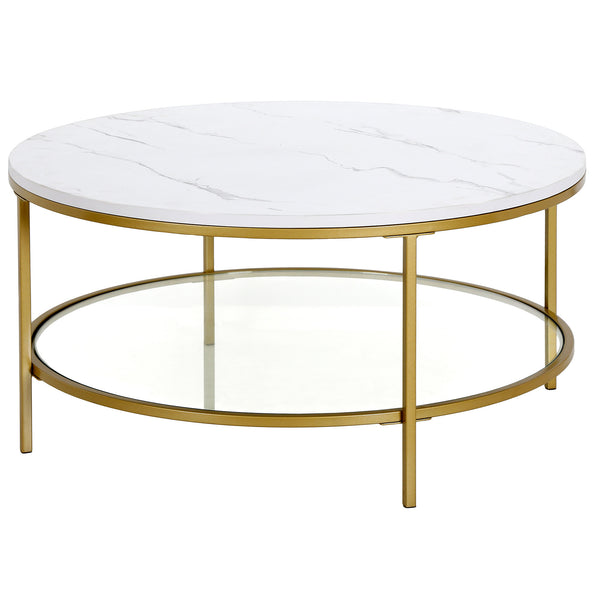 Homeroots 36" Gold Faux Marble And Steel Round Coffee Table With Shelf   521983