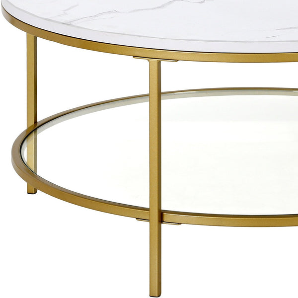 Homeroots 36" Gold Faux Marble And Steel Round Coffee Table With Shelf   521983