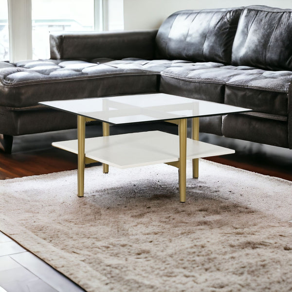 Homeroots 32" White And Gold Glass And Steel Square Coffee Table With Shelf   521987