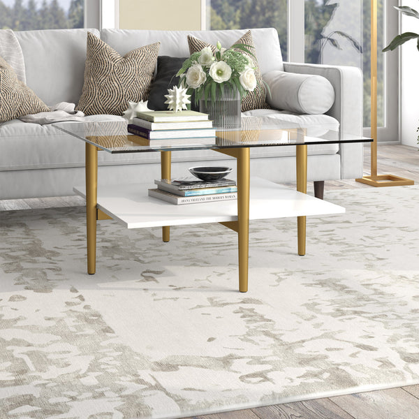 Homeroots 32" White And Gold Glass And Steel Square Coffee Table With Shelf   521987