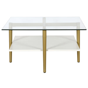 Homeroots 32" White And Gold Glass And Steel Square Coffee Table With Shelf   521987