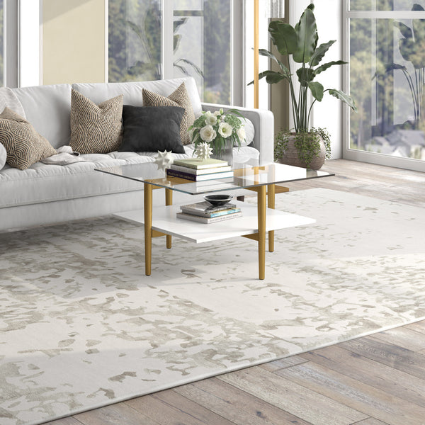 Homeroots 32" White And Gold Glass And Steel Square Coffee Table With Shelf   521987