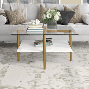 Homeroots 32" White And Gold Glass And Steel Square Coffee Table With Shelf   521987