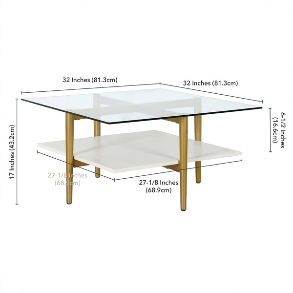 Homeroots 32" White And Gold Glass And Steel Square Coffee Table With Shelf   521987