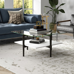 Homeroots 32" White And Black Glass And Steel Square Coffee Table With Shelf   521988