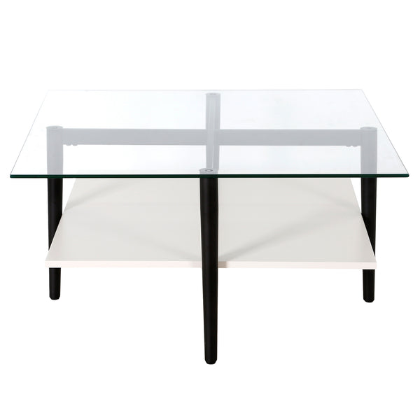 Homeroots 32" White And Black Glass And Steel Square Coffee Table With Shelf   521988