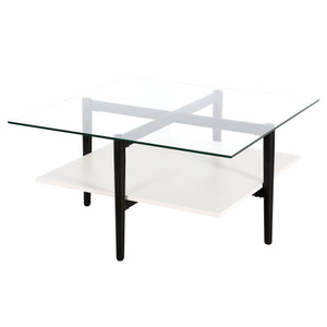 Homeroots 32" White And Black Glass And Steel Square Coffee Table With Shelf   521988