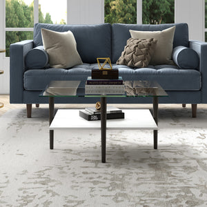 Homeroots 32" White And Black Glass And Steel Square Coffee Table With Shelf   521988