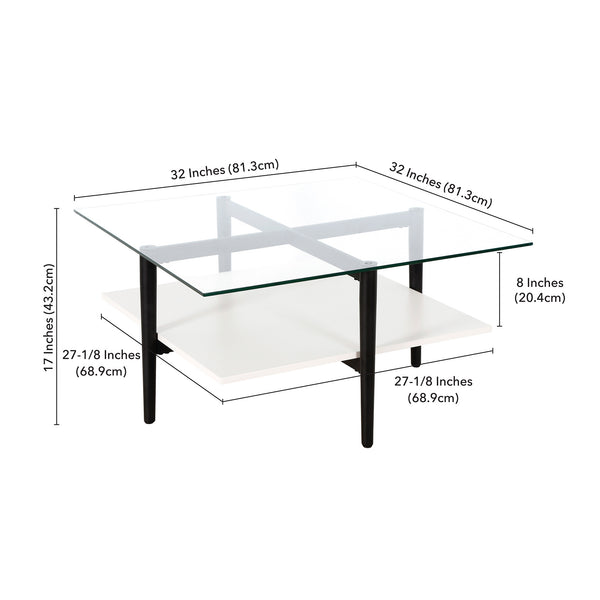 Homeroots 32" White And Black Glass And Steel Square Coffee Table With Shelf   521988