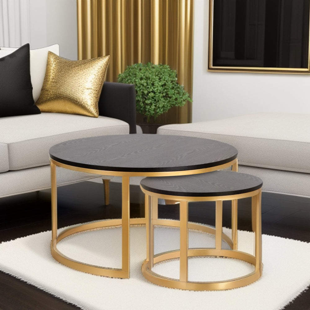 Homeroots Set Of Two 36" Black And Gold Steel Round Nested Coffee Tables   521989