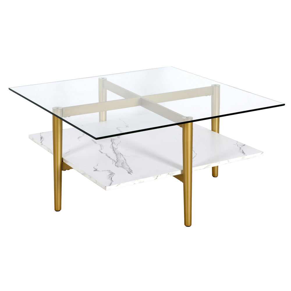 Homeroots 32" White And Gold Glass And Steel Square Coffee Table With Shelf   521991