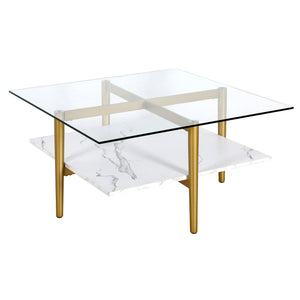 Homeroots 32" White And Gold Glass And Steel Square Coffee Table With Shelf   521991