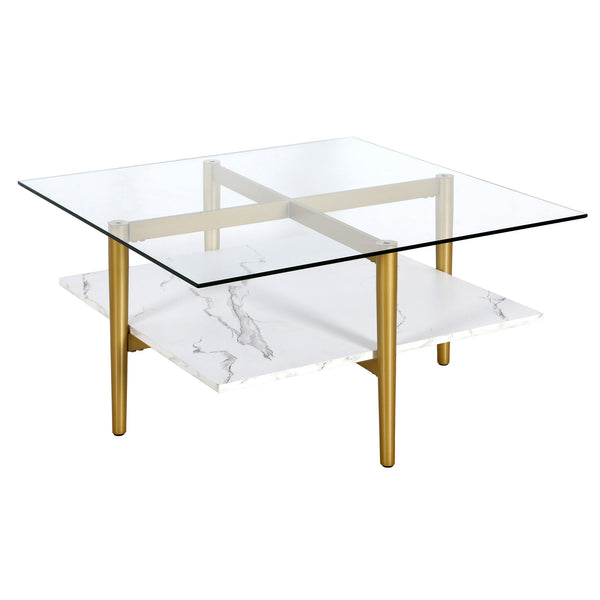 Homeroots 32" White And Gold Glass And Steel Square Coffee Table With Shelf   521991