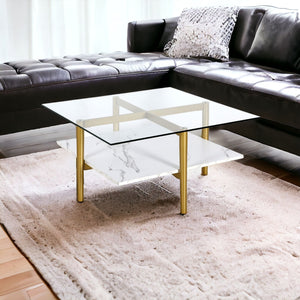 Homeroots 32" White And Gold Glass And Steel Square Coffee Table With Shelf   521991