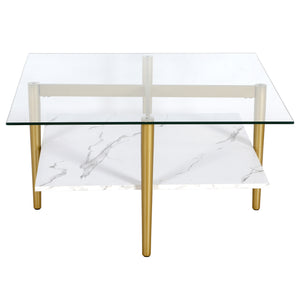 Homeroots 32" White And Gold Glass And Steel Square Coffee Table With Shelf   521991