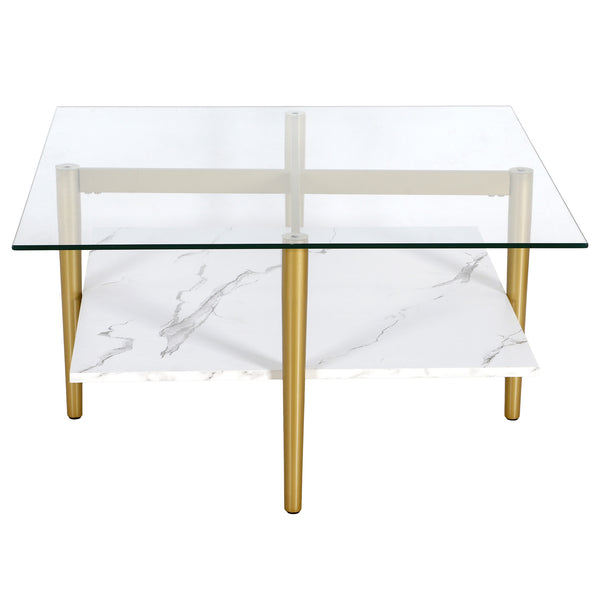 Homeroots 32" White And Gold Glass And Steel Square Coffee Table With Shelf   521991