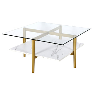 Homeroots 32" White And Gold Glass And Steel Square Coffee Table With Shelf   521991