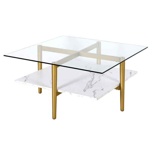 Homeroots 32" White And Gold Glass And Steel Square Coffee Table With Shelf   521991
