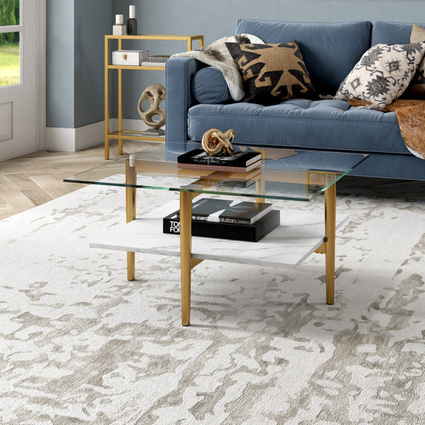 Homeroots 32" White And Gold Glass And Steel Square Coffee Table With Shelf   521991