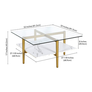 Homeroots 32" White And Gold Glass And Steel Square Coffee Table With Shelf   521991