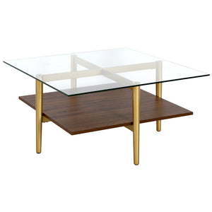 Homeroots 32" Brown And Gold Glass And Steel Square Coffee Table With Shelf   521992