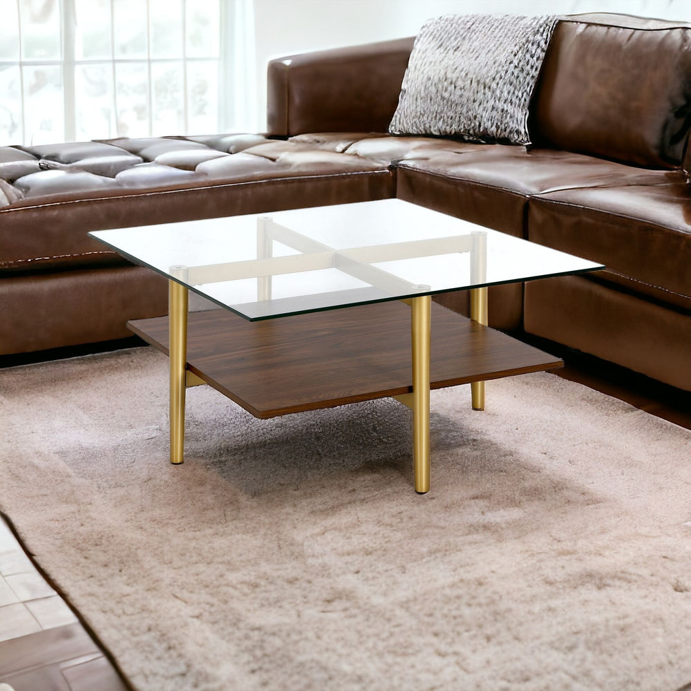 Homeroots 32" Brown And Gold Glass And Steel Square Coffee Table With Shelf   521992