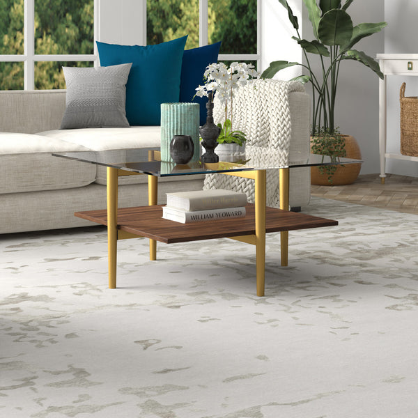 Homeroots 32" Brown And Gold Glass And Steel Square Coffee Table With Shelf   521992