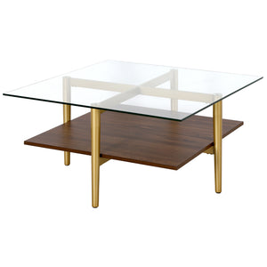 Homeroots 32" Brown And Gold Glass And Steel Square Coffee Table With Shelf   521992