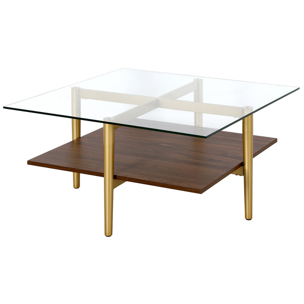 Homeroots 32" Brown And Gold Glass And Steel Square Coffee Table With Shelf   521992