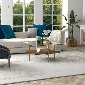 Homeroots 32" Brown And Gold Glass And Steel Square Coffee Table With Shelf   521992