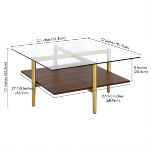 Homeroots 32" Brown And Gold Glass And Steel Square Coffee Table With Shelf   521992