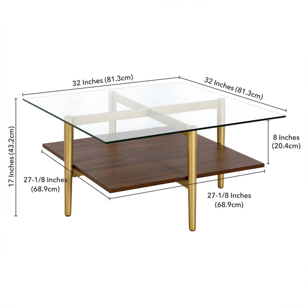Homeroots 32" Brown And Gold Glass And Steel Square Coffee Table With Shelf   521992