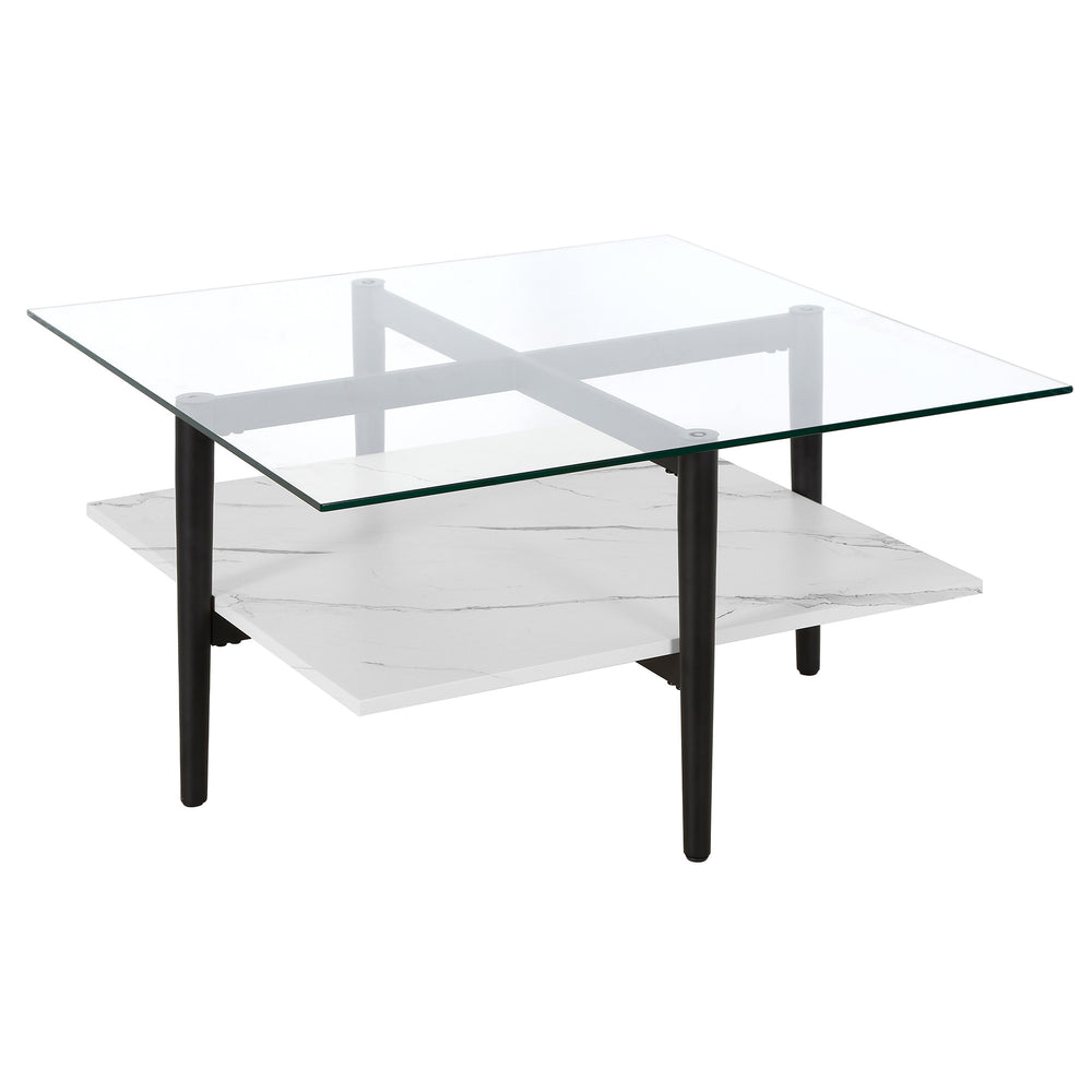 Homeroots 32" White And Black Glass And Steel Square Coffee Table With Shelf   521993