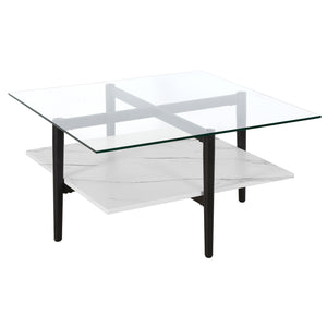 Homeroots 32" White And Black Glass And Steel Square Coffee Table With Shelf   521993