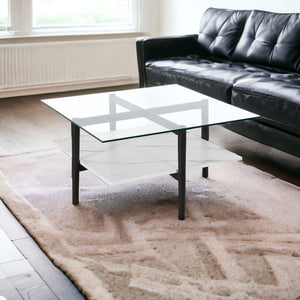 Homeroots 32" White And Black Glass And Steel Square Coffee Table With Shelf   521993