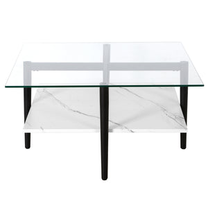 Homeroots 32" White And Black Glass And Steel Square Coffee Table With Shelf   521993